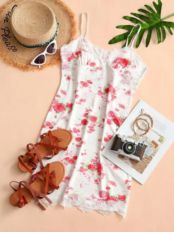 Weekend Sale Day Cami Floral Lace Panel Bodycon Dress for Women