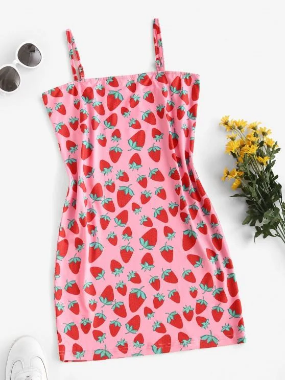 Big Sale Event Cami Strawberry Print Bodycon Dress for Women