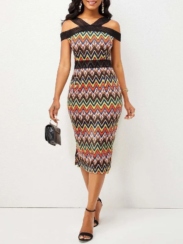 Weekend Price Drop Frenzy Chevron Print Cold Shoulder Short Sleeve Bodycon Midi Dress for Women