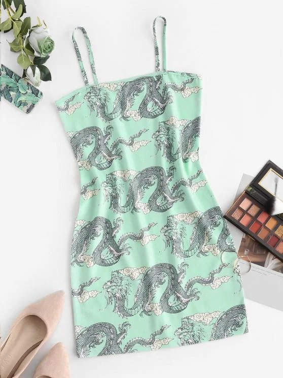 Weekend Exclusive Discounts Chinoiserie Dragon Print Bodycon Cami Dress for Women