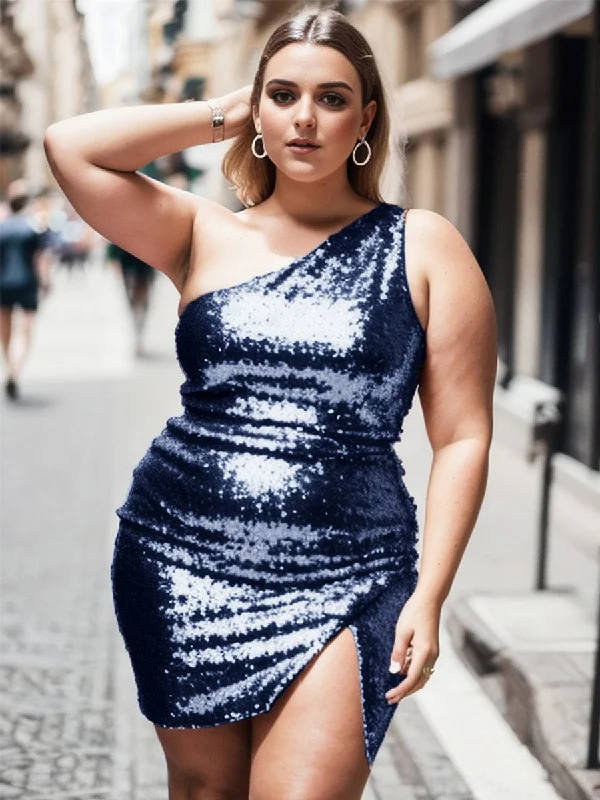 One-Day Sale Shimmering One Shoulder Sequin Bodycon Dress for Plus Size Women