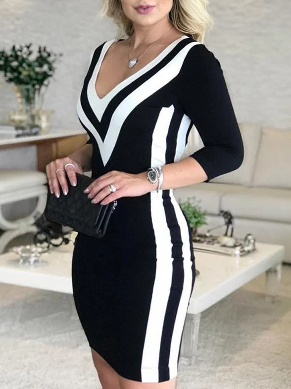 Weekend Special Sale Dresses Deep V-Neck Black White Stitching Bodycon Dresses for Women Weekend Special Sale Dresses Deep V-Neck Black White Stitching Bodycon Dresses for Women