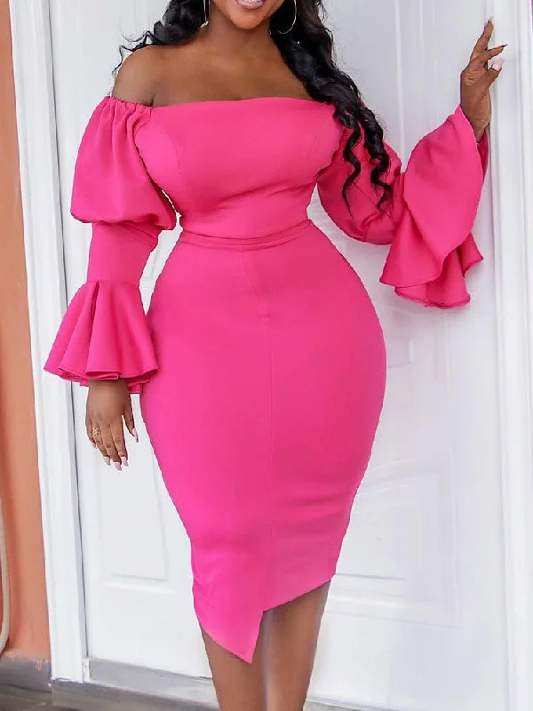 Weekend Flash Sale Dresses One Word Collar Flared Sleeve Bodycon Dresses for Women