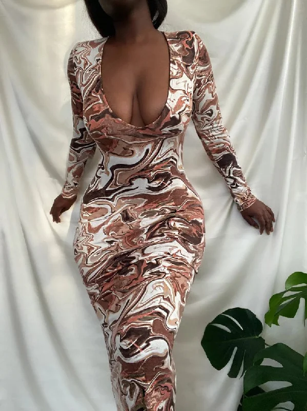 Weekend Sale Extravaganza Dresses V-Neck Tie-Dye Print Long Sleeve Bodycon Dresses for Women