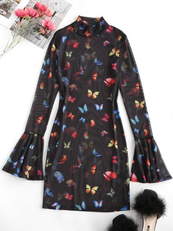Weekend Steals Await Flare Sleeve Mesh Butterfly Print Bodycon Dress for Women