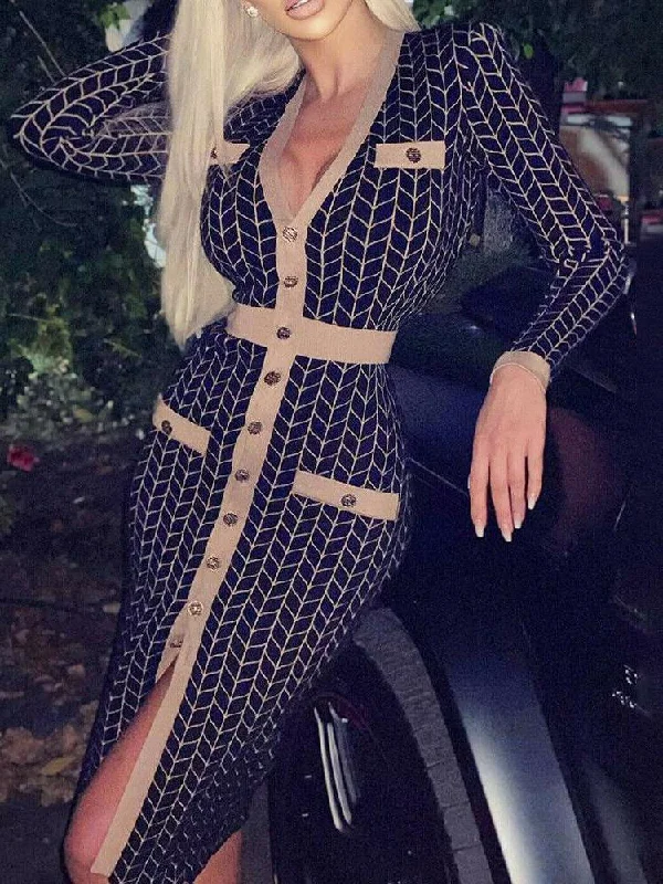 Limited-Time Bargains Houndstooth/Rhombus Print Long-sleeved V-neck Button Bodycon Dress