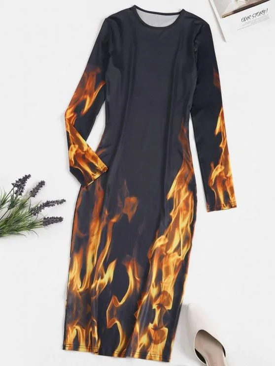 Weekend Markdowns Galore Long Sleeve Hot Flame Print Bodycon Dress for Women