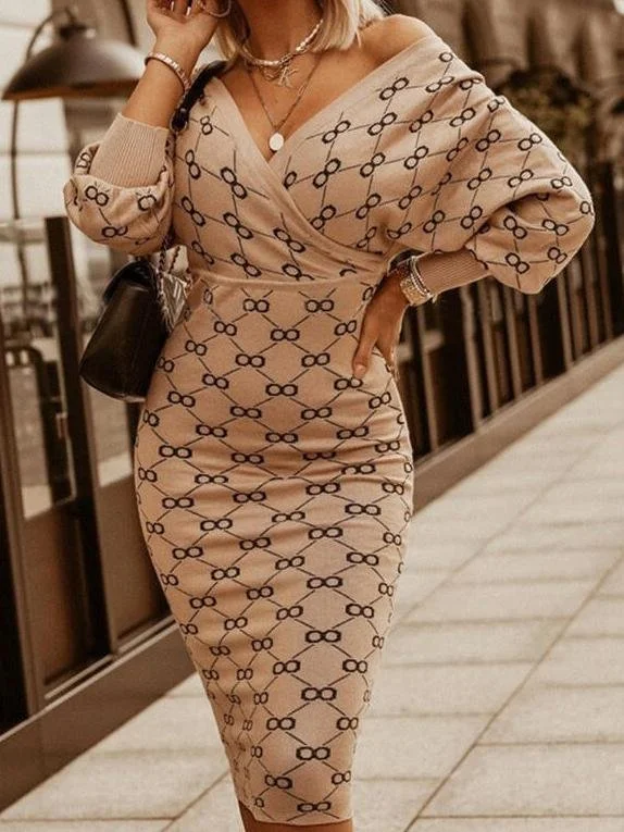 Shop & Save Long Sleeve Plaid V-neck Bodycon Dress