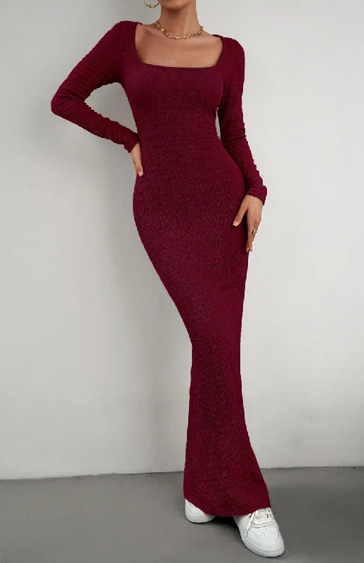 Instant Savings Long Sleeve Square Neck Maxi Bodycon Dress