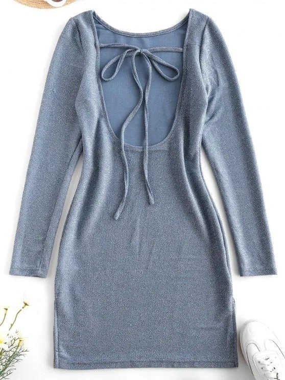 Weekend Flash Savings Metallic Thread Open Back Tie Bodycon Glitter Dress for Women
