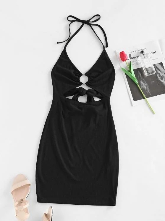 Weekend Offers You Love O Ring Back Tie Halter Ribbed Bodycon Dress for Women