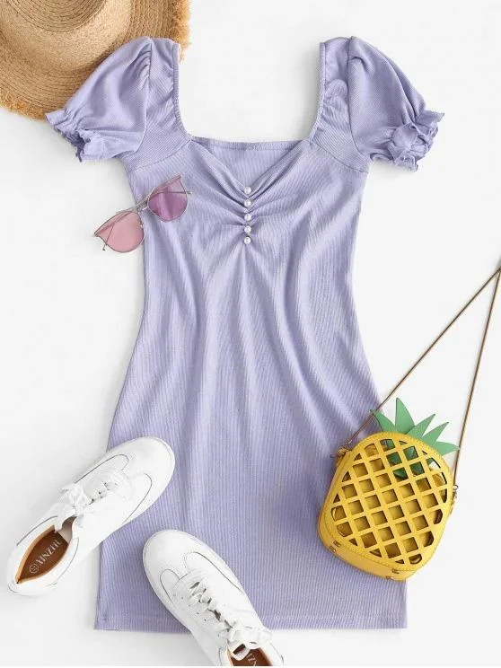 Weekend Only Deals Pearly Buttoned Ribbed Sweetheart Bodycon Dress for Women