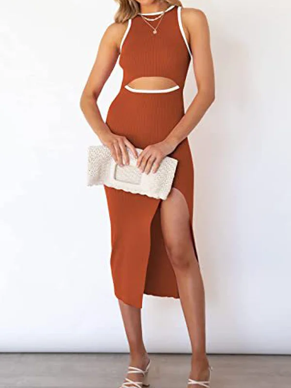 Weekend Flash Deals Cutout Crew Neck Sleeveless Slit Ribbed Bodycon Midi Dress