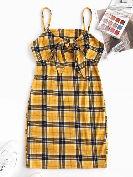 Weekend Promo Offers Plaid Tied Cami Bodycon Dress for Women