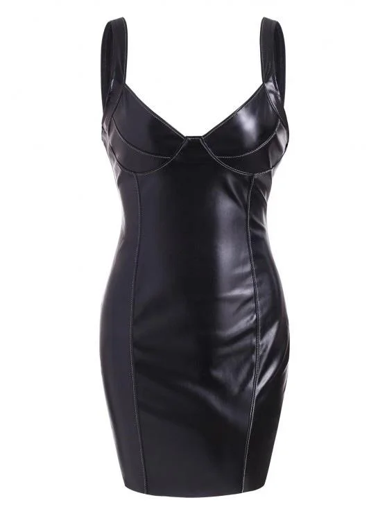Weekend Big Savings PU Leather Slinky Topstitching Bodycon Bustier Dress for Women
