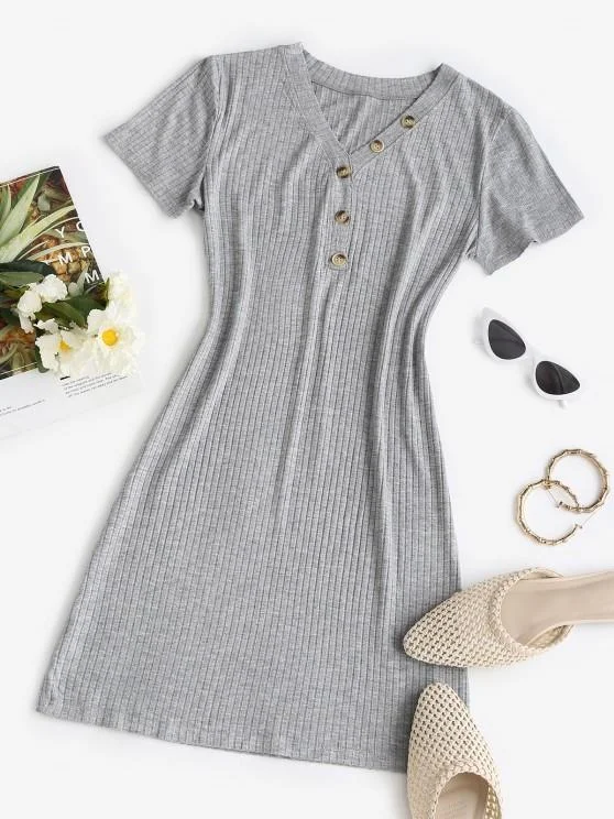 Weekend Hot Offers Rib-knit Buttoned Slinky Bodycon Dress for Women