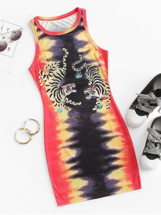 Seasonal Discounts Ribbed Tiger Print Tie Dye Bodycon Tank Dress