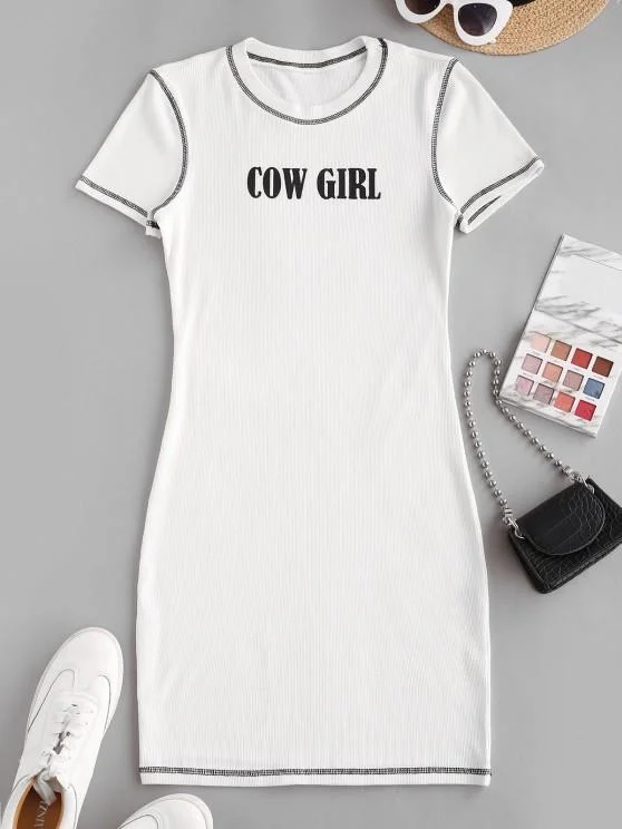 Weekend Hot Picks Ribbed Topstitch Cow Girl Graphic Bodycon Dress for Women