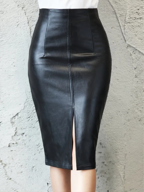 Unbeatable Flash Deals Sexy PU Leather Slit Bodycon Midi Dress