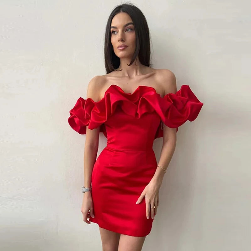 Weekend Special Discounts Sexy Ruffle Club Party Off Shoulder Bodycon Mini Short White Midi Dress