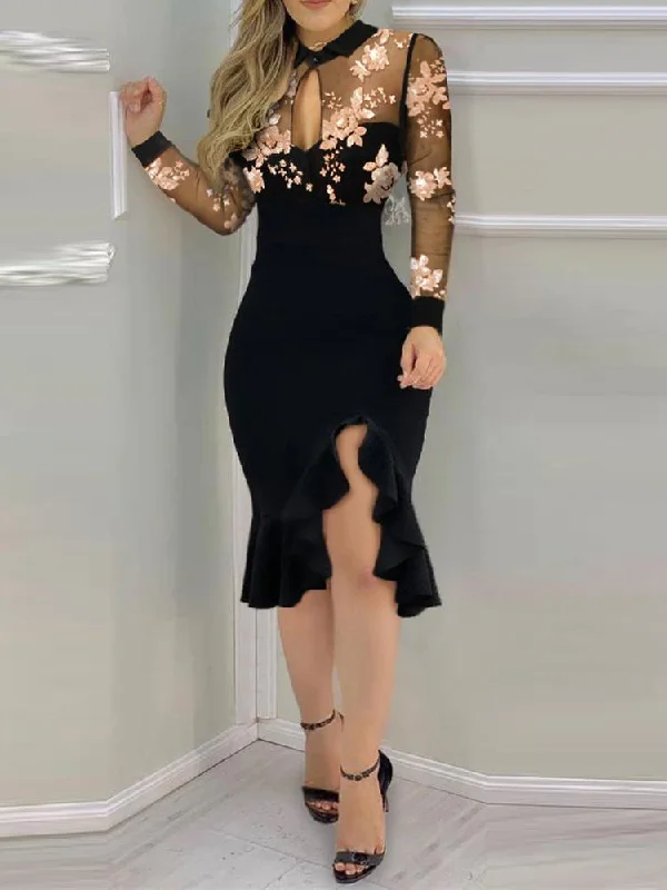 Weekend Deal Fever Slit Ruffles Hem Floral Pattern Bodycon Dress for Women