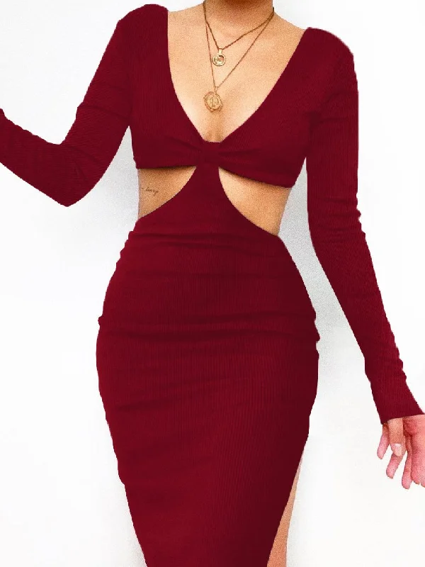 Weekend Price Breaks Solid V-neck Long-sleeved Waistless Backless Bodycon Dress for Women Weekend Price Breaks Solid V-neck Long-sleeved Waistless Backless Bodycon Dress for Women