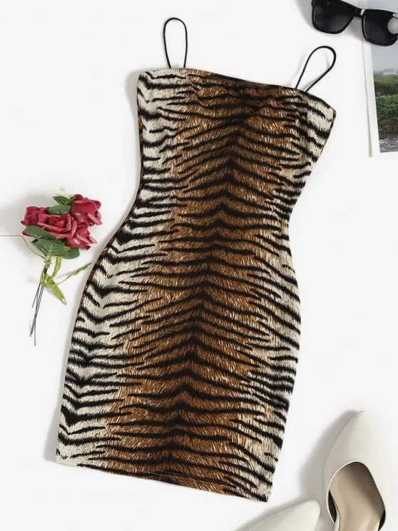 Weekend Clearance Frenzy Tiger Print Bungee Strap Bodycon Dress for Women