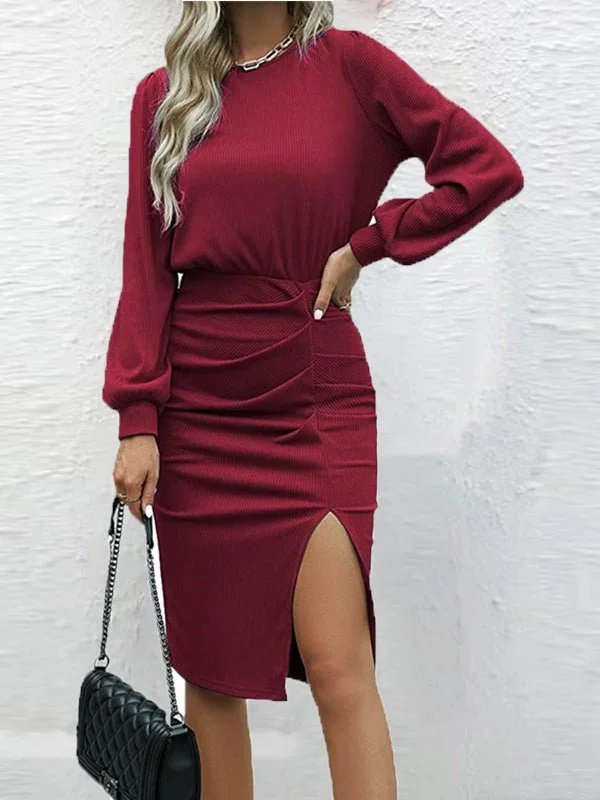Flash Discounts Women's Dresses Lantern Long Sleeve Knit Slit Bodycon Dress