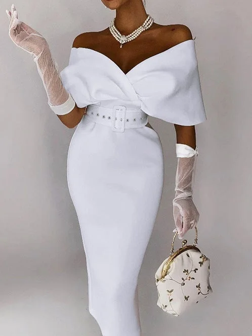 Weekend Flash Offers Women's Dresses One Word Collar Belt Bodycon Dresses