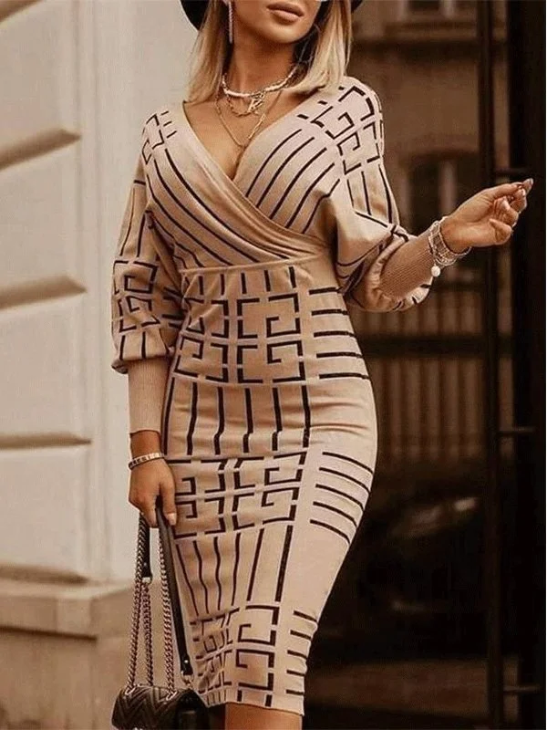 Massive Price Cuts Women's Dresses Printed Deep V-Neck Long Sleeve Bodycon Dress