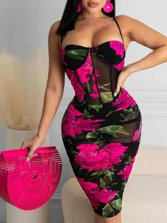 Season-End Deals Women's Dresses Suspenders Mesh Print Bodycon Dresses