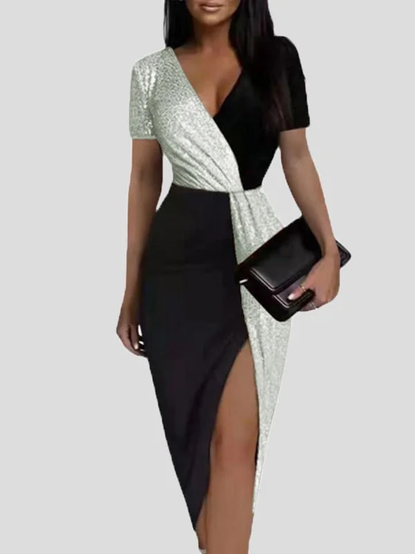 Weekend Bargain Weekends Women's Dresses V-Neck Short Sleeve Slit Bodycon Dress