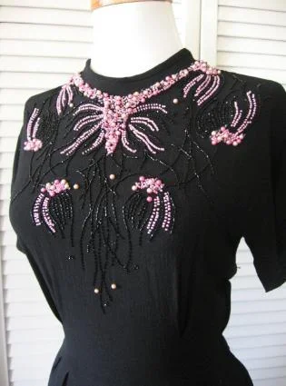 Sale Alert 40s Vintage Women's Black  Cocktail Dress Pink Beaded Accent LBD Small to Extra Small VFG
