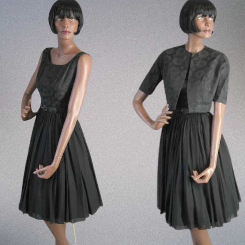 Shop & Save More 50s Party Dress Outfit with Bolero 60s Vintage Full Skirt Dress Black Brocade Chiffon L'Aiglon Small VFG