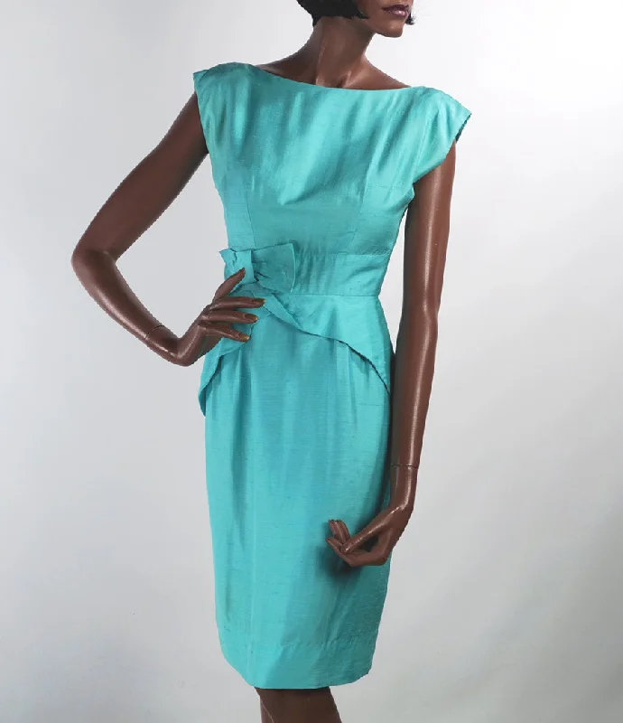 Limited Offer 50s Sheath Dress Vintage Aqua 60s Fitted Peplum Draped XS Teri Junior Jerry Miller VFG