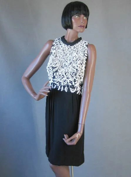 Unseen Savings 60s Cocktail Dress Women's Vintage LBD Beaded Bodice Rhinestone Embellished Small/Medium VFG Litler