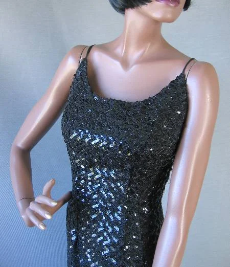 Unbeatable Flash Deals 60s Women's Formal Dress Vintage Bombshell Sequin Long Black Diana Ross Supremes Small to Medium VFG