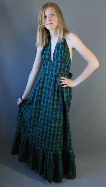 Weekend Hot Prices 70s Vintage Halter Neck Maxi Sun Dress Preppy Ruffled Tartan Plaid Boho VFG Weekend Hot Prices 70s Vintage Halter Neck Maxi Sun Dress Preppy Ruffled Tartan Plaid Boho VFG