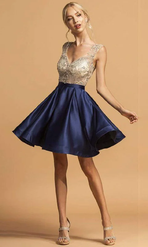 Weekend Closeout Deals Aspeed Design - S2124 Cap Sleeve Bejeweled Satin Dress