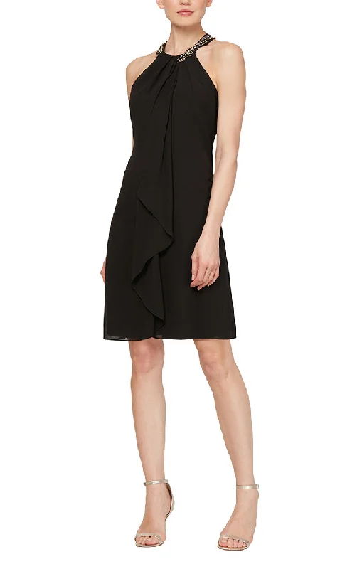 One-Stop Shop Sale Beaded Neckline Chiffon Dress with Cascade Ruffle Detail