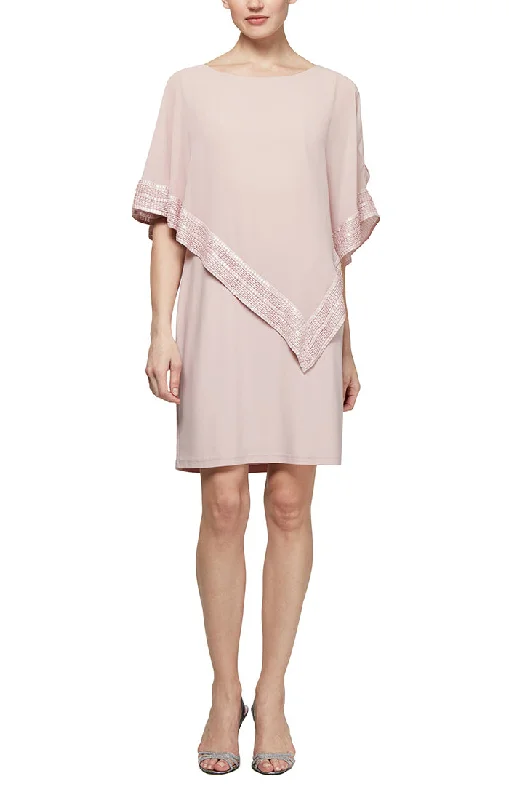 End-of-Season Sale Foil Trim Asymmetrical Chiffon & Jersey Popover Cape Dress
