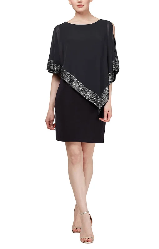 Grab It Now Foil Trim Asymmetrical Chiffon & Jersey Popover Cape Dress