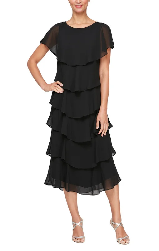 Today’s Flash Sale Georgette Chiffon Tea-Length Dress with Caplet Sleeves and Beaded Trim on Shoulders