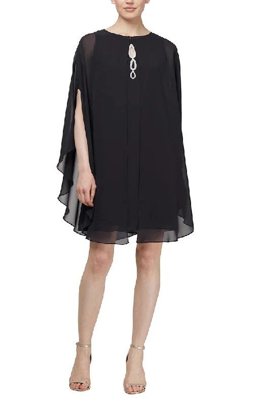 Unseen Savings Chiffon Cocktail Dress with Beaded Neck and Removable Capelet
