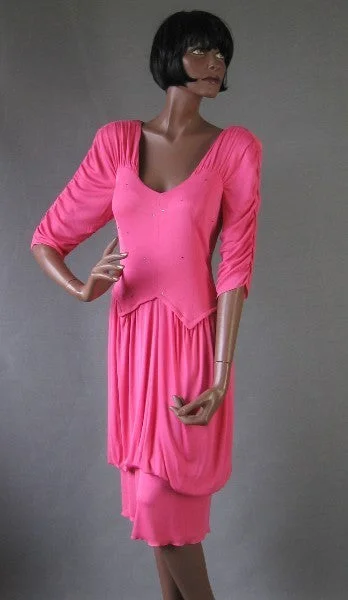 Weekend Shopping Rush Holly's Harp Dress 70s 80s Women's Vintage Draped Ruched Pink Silk Wedding Guest VFG Medium