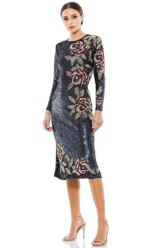 Weekend Super Sale Alert Mac Duggal 93624 - Floral Beadwork Long Sleeved Midi Dress