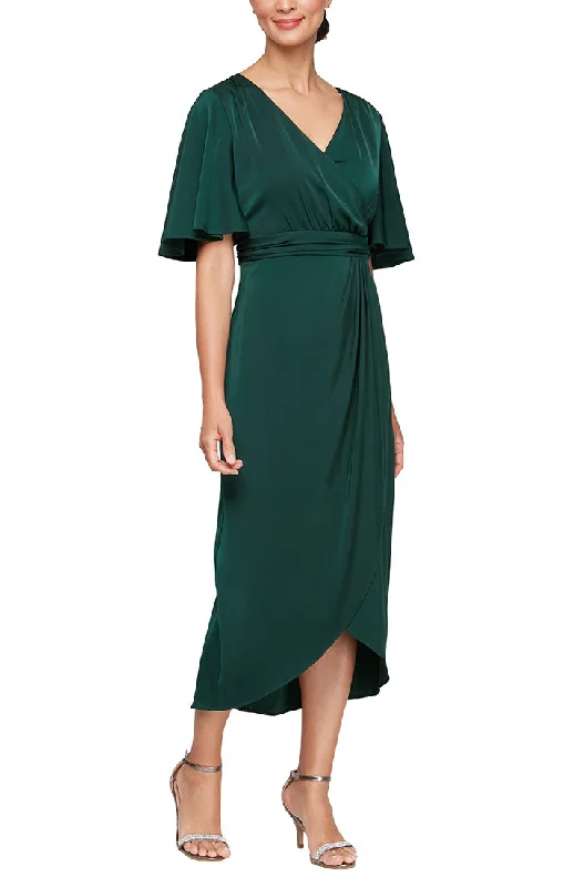Big Savings Midi Satin Charmeuse Surplice Neckline Dress with Ruched Waist, Flutter Sleeves & Overlay Skirt