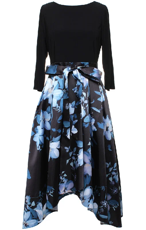 Shop Now, Save More Printed Mikado High/Low Party Dress with 3/4 Sleeves, Tie Belt & Pockets