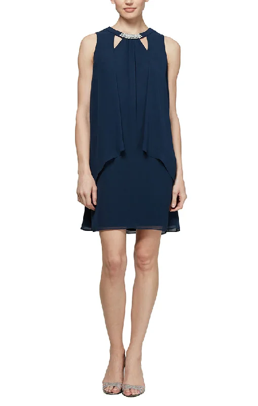 The Big Clearance Short Chiffon Cocktail Dress with Cutout Neckline and Pearl Trim Detail