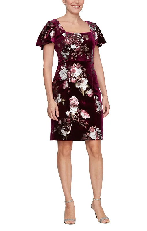 Special Offers Short Square Neck Foil Printed Velvet Sheath Dress with Flutter Sleeves